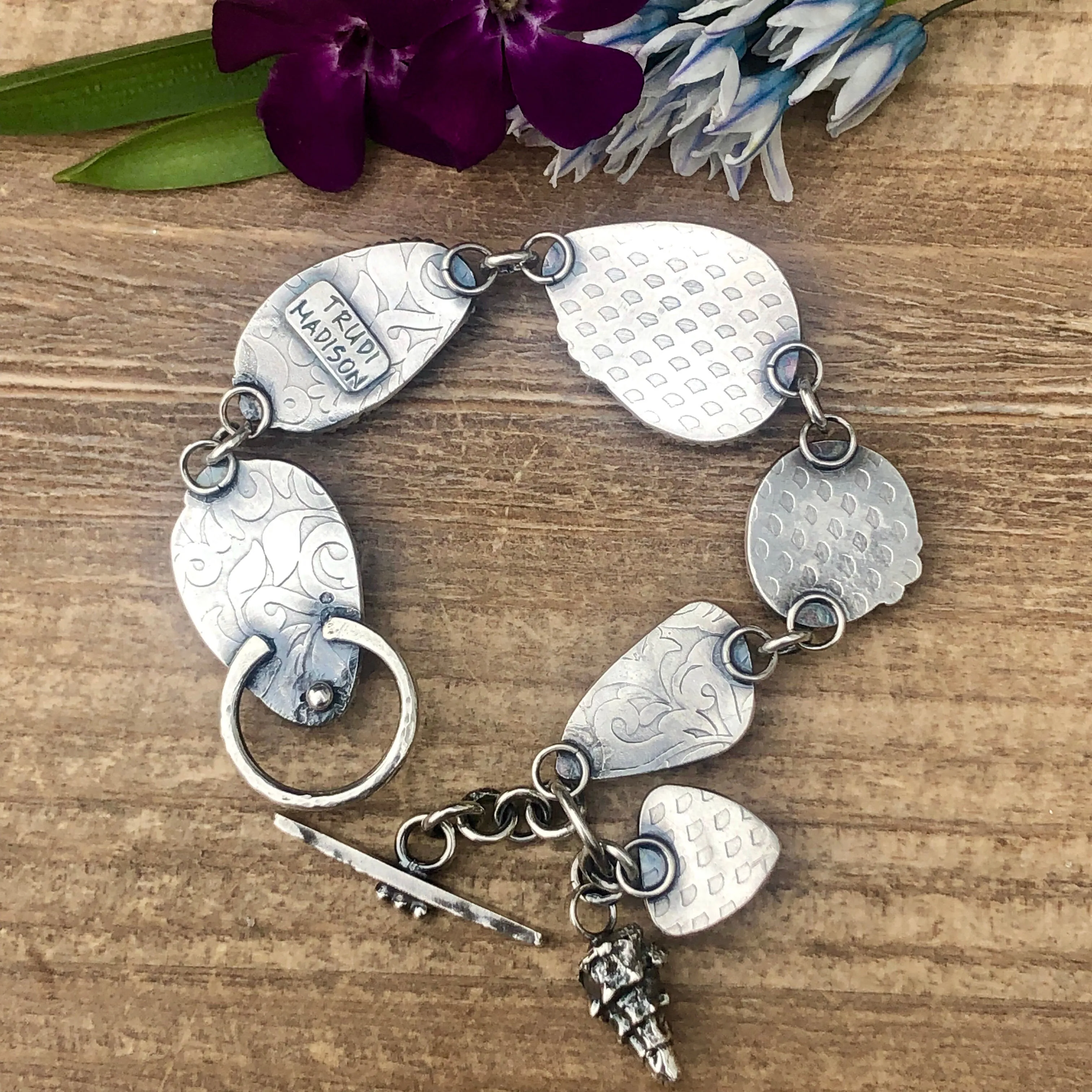Ammonite Fossil Boho Dreams Cabochon and Seashell Fossil Sterling Silver Bracelet