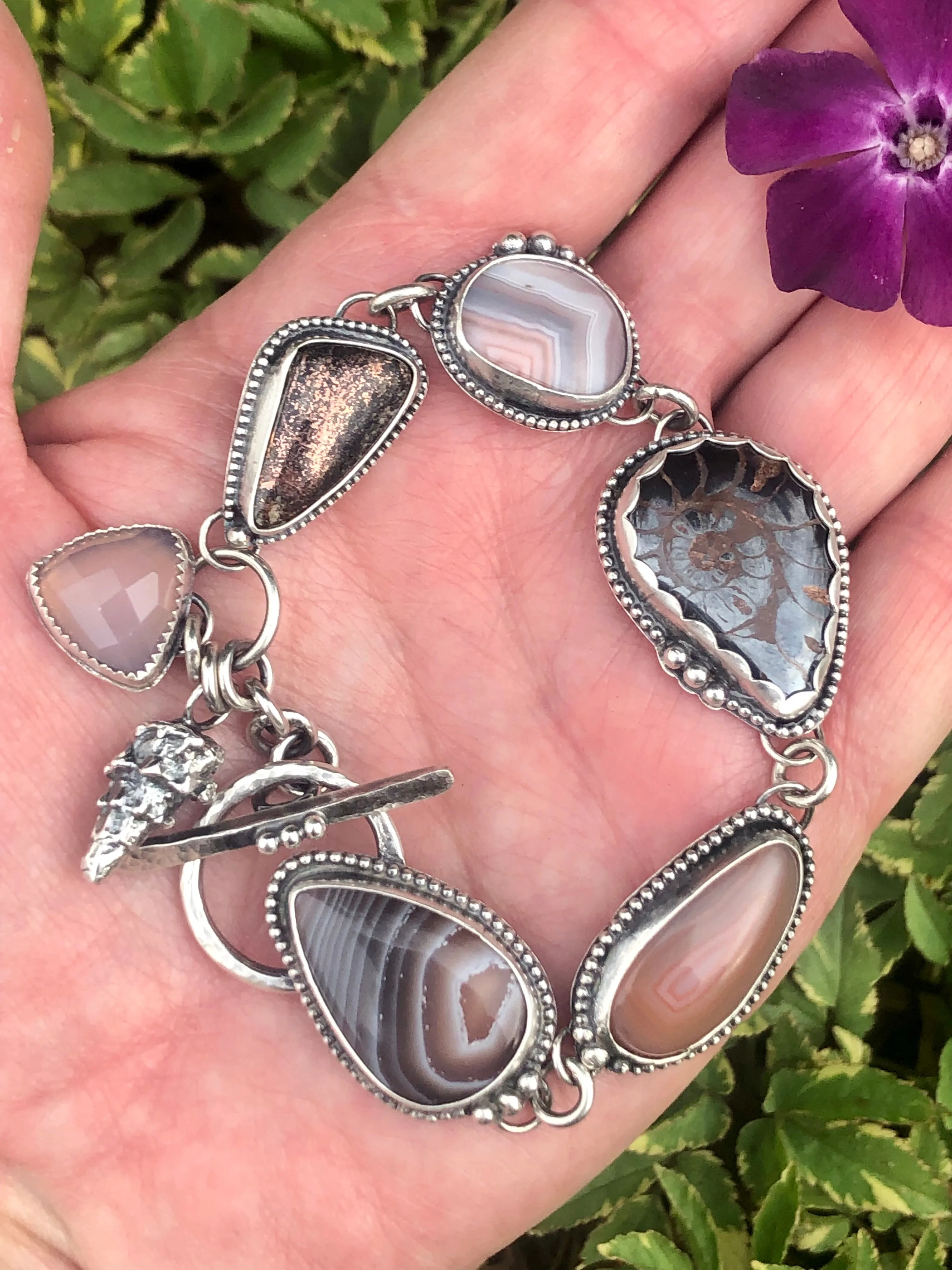 Ammonite Fossil Boho Dreams Cabochon and Seashell Fossil Sterling Silver Bracelet