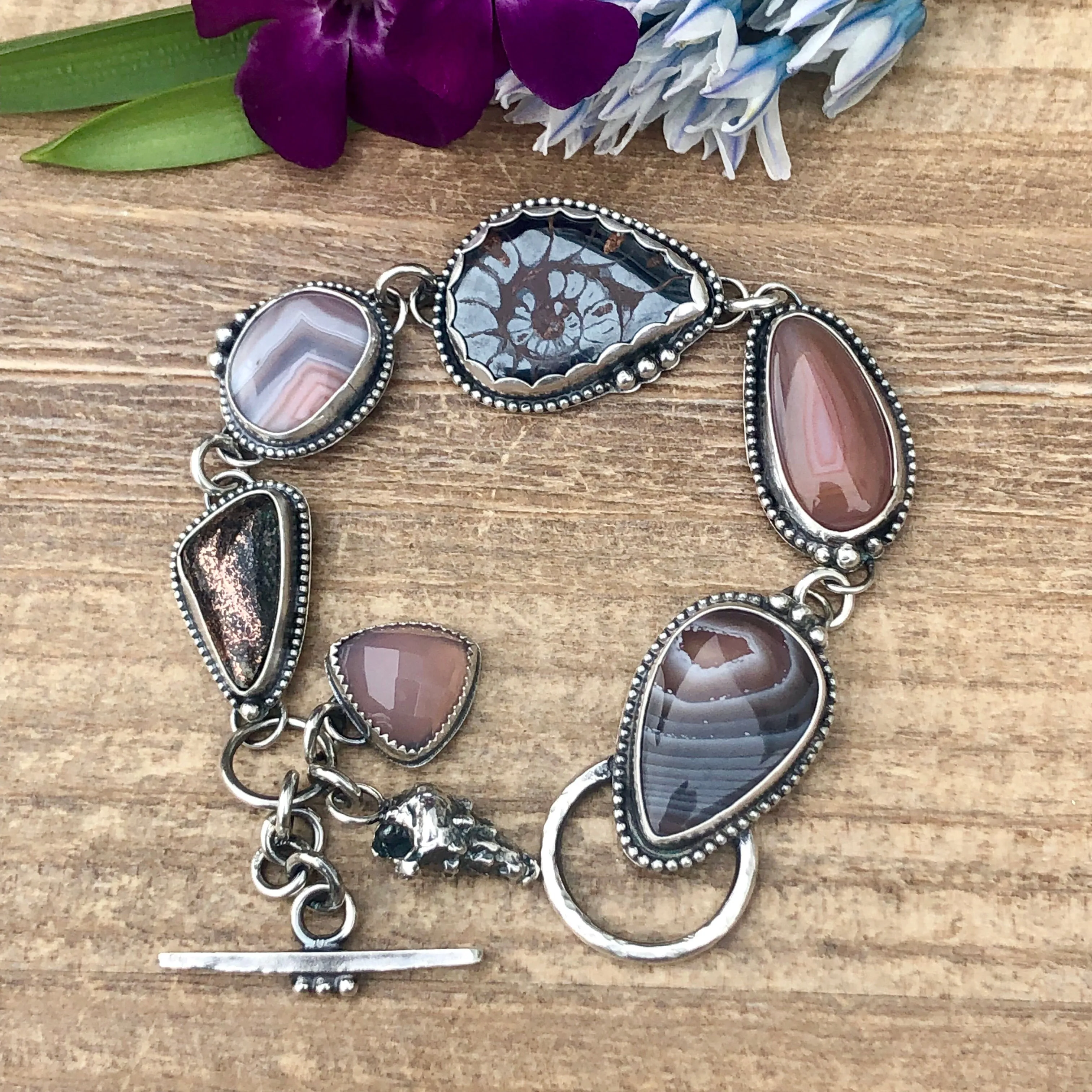 Ammonite Fossil Boho Dreams Cabochon and Seashell Fossil Sterling Silver Bracelet