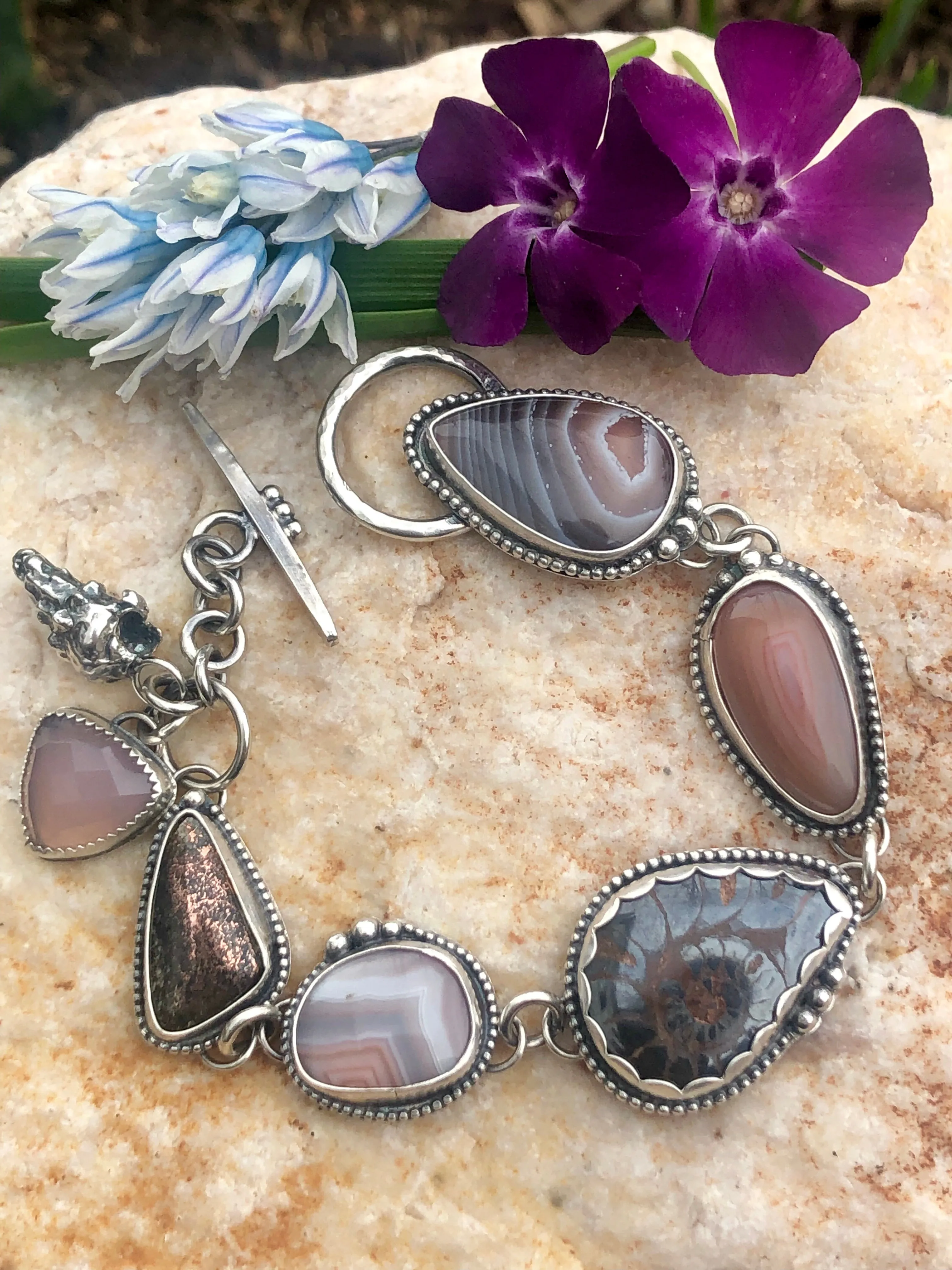 Ammonite Fossil Boho Dreams Cabochon and Seashell Fossil Sterling Silver Bracelet