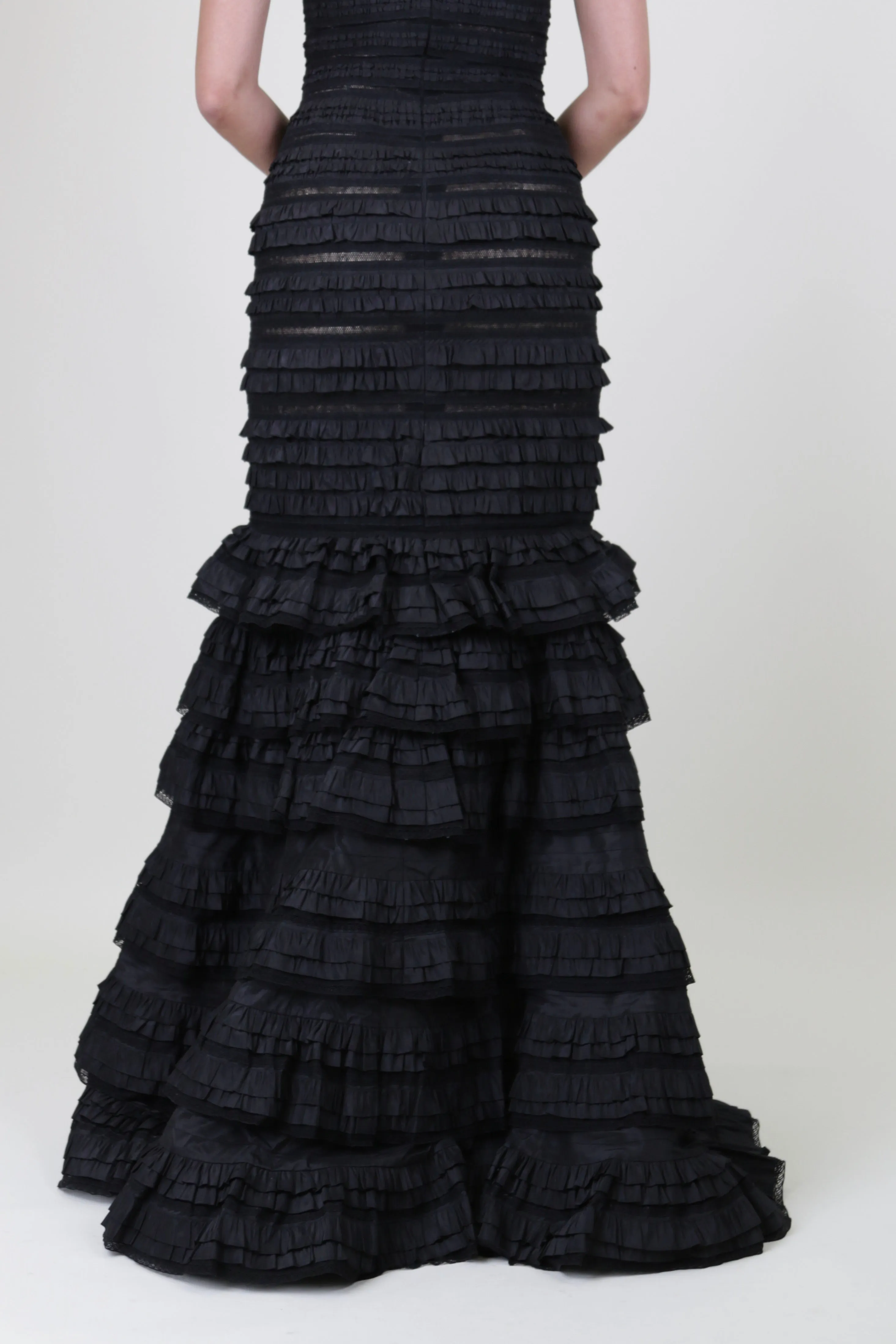 Black Tiered Mermaid Paneled Evening Gown
