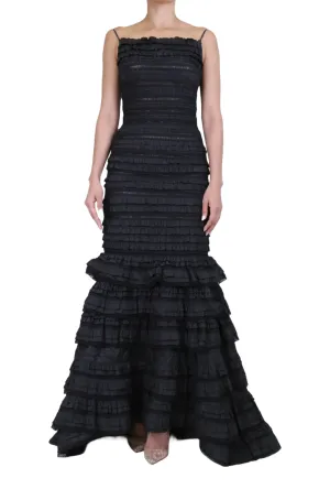Black Tiered Mermaid Paneled Evening Gown