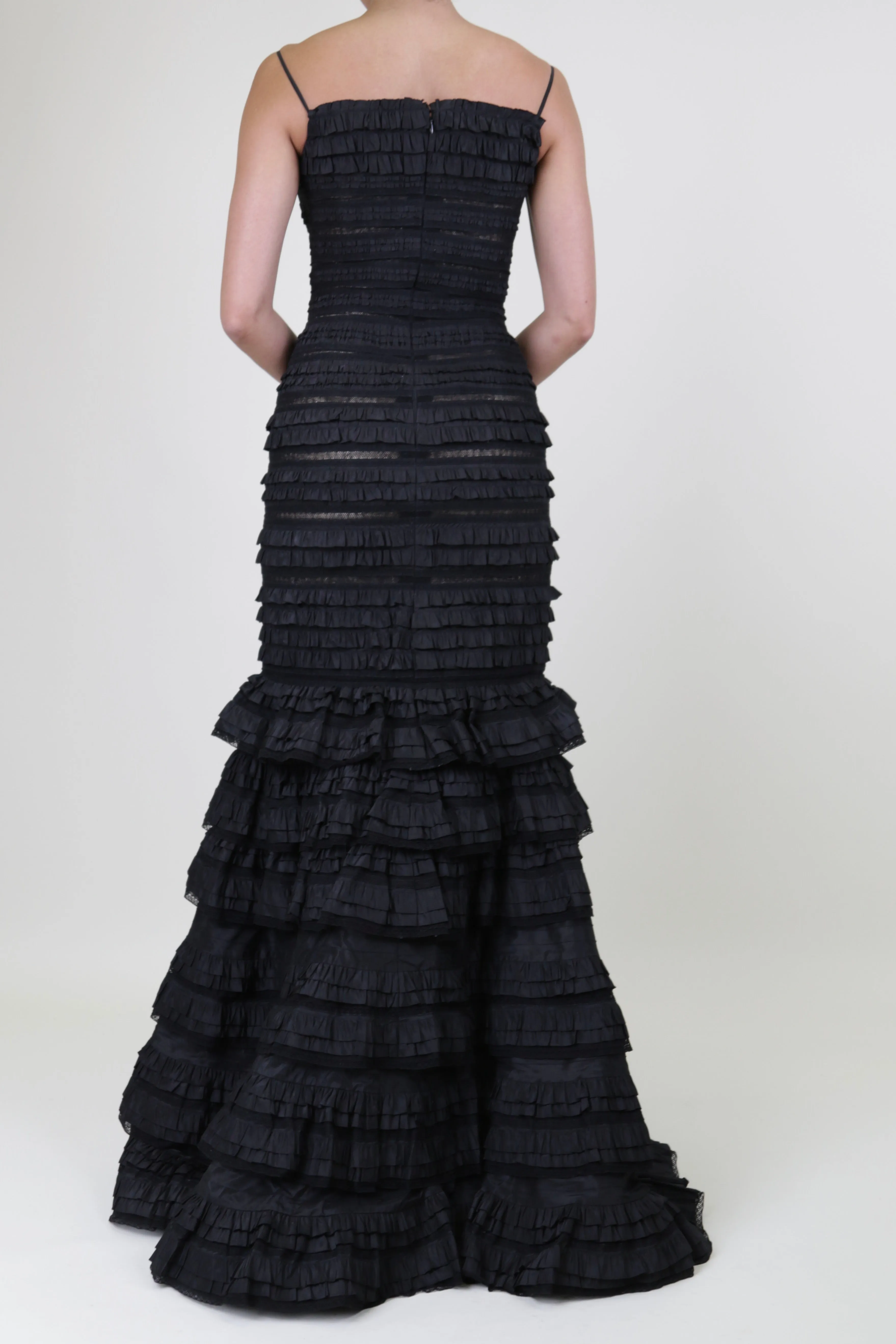Black Tiered Mermaid Paneled Evening Gown