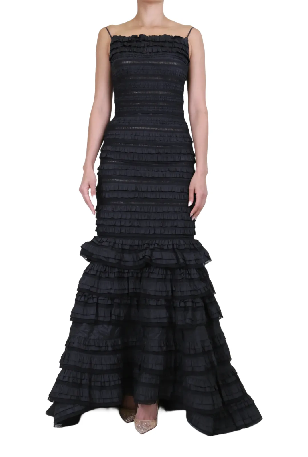 Black Tiered Mermaid Paneled Evening Gown