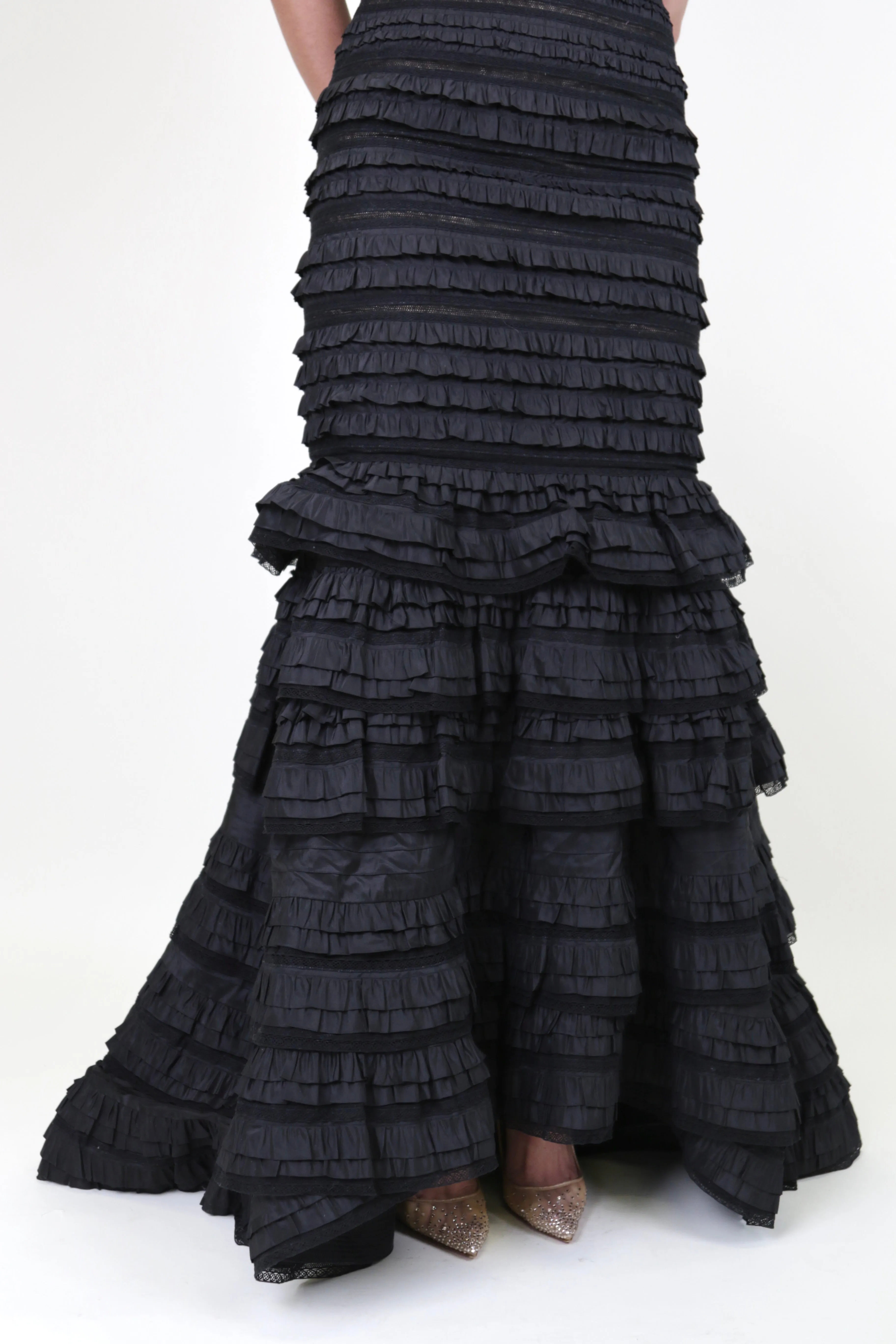 Black Tiered Mermaid Paneled Evening Gown