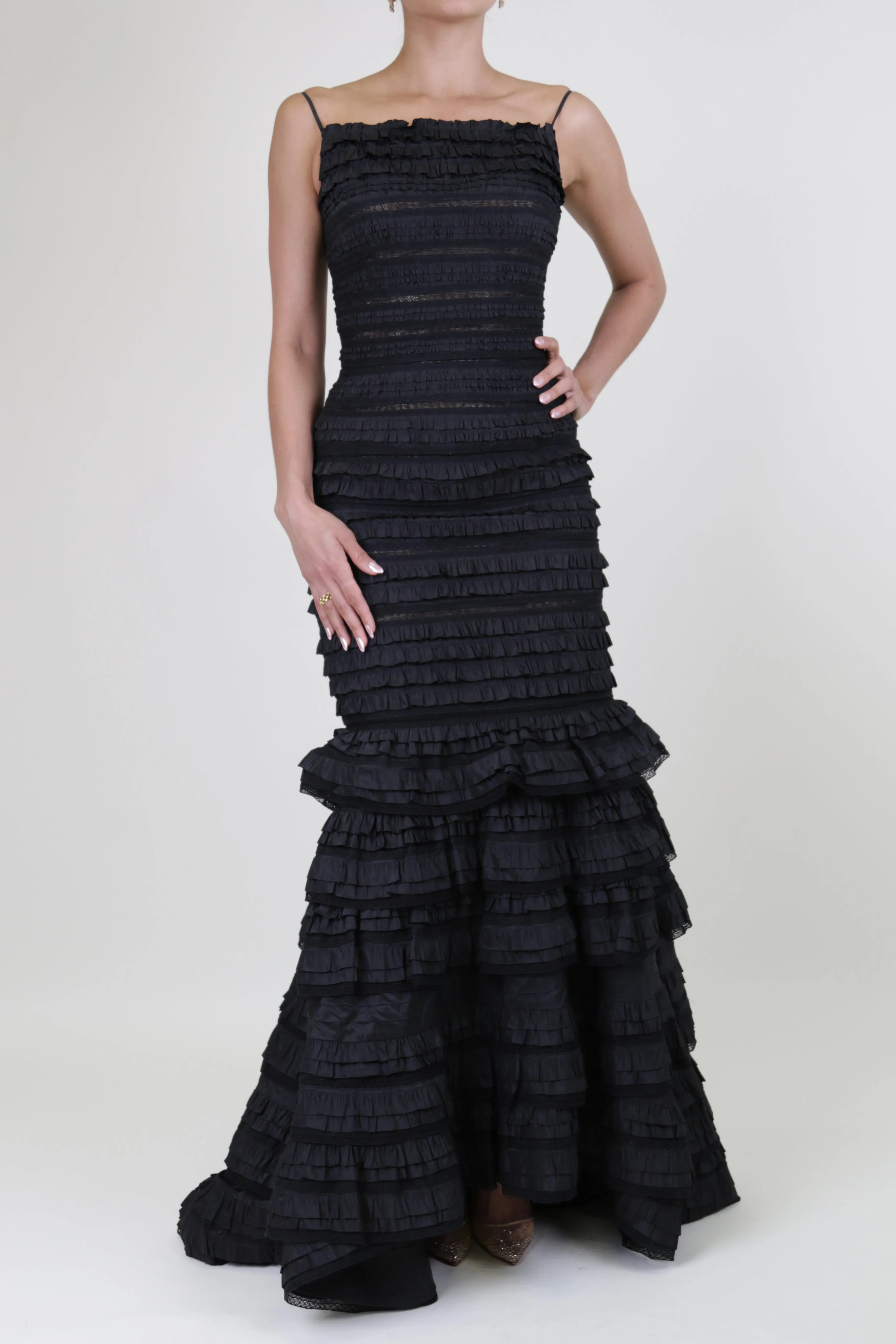 Black Tiered Mermaid Paneled Evening Gown