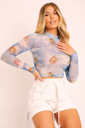 Blue Cherub Print Mesh High Neck Crop Top - Lucie