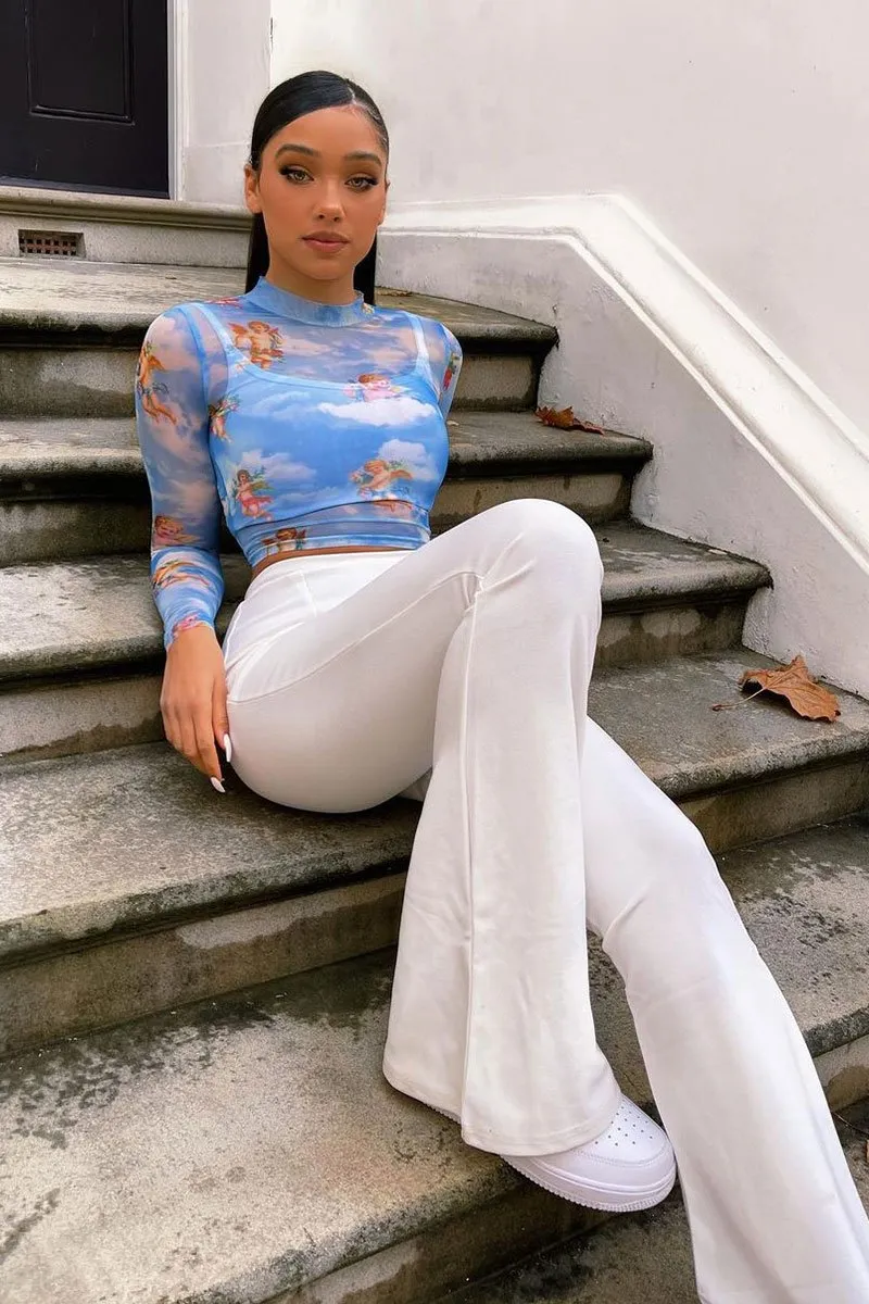 Blue Cherub Print Mesh High Neck Crop Top - Lucie