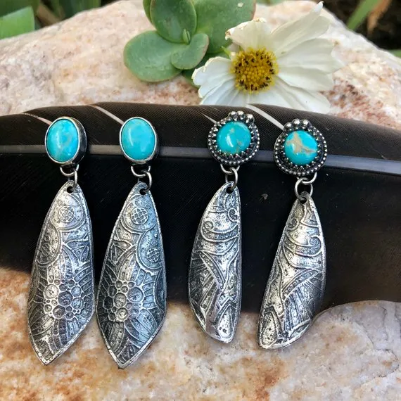 Boho Kingman Turquoise Etched Sterling Silver Earrings