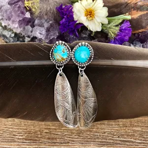 Boho Kingman Turquoise Etched Sterling Silver Earrings