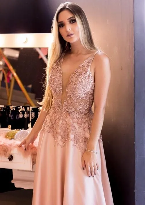Champagne Deep V Neck Lace Beadings Illusion Prom Dresses Stain Evening Dresses