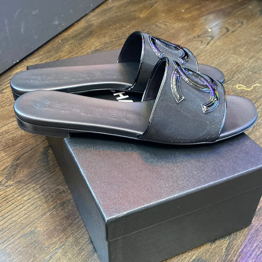 Chanel Black Mesh and Patent Calfskin Sandal