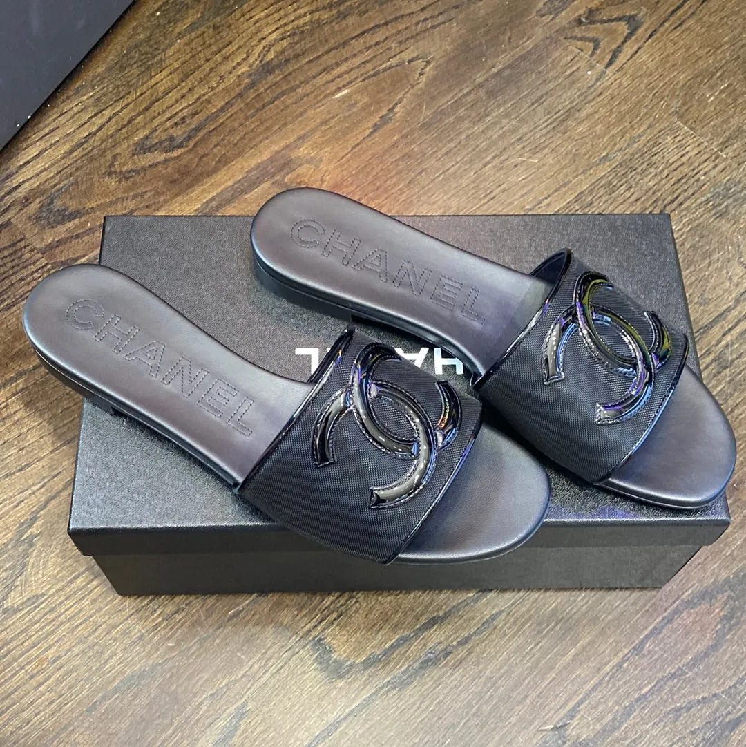 Chanel Black Mesh and Patent Calfskin Sandal