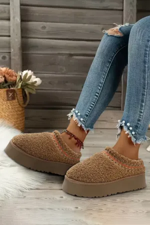 Chestnut Embroidered Sherpa Plush Thick Sole Winter Slippers