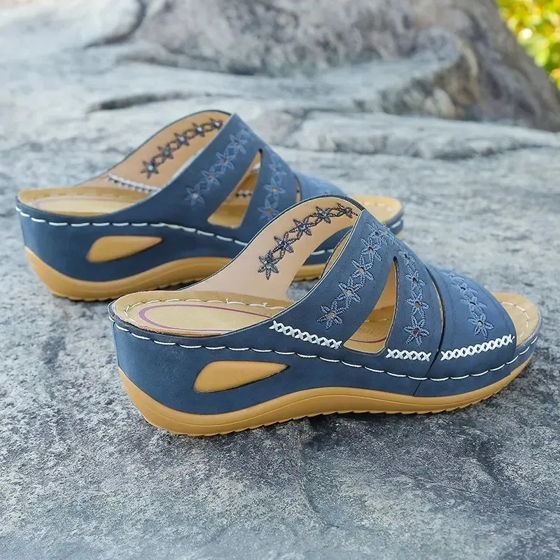 Cool slippers for women with sloping heels and fish mouth thick soles, available in multiple colors with embroidered sandals for