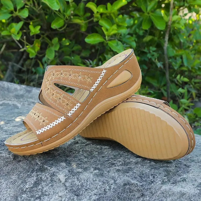 Cool slippers for women with sloping heels and fish mouth thick soles, available in multiple colors with embroidered sandals for