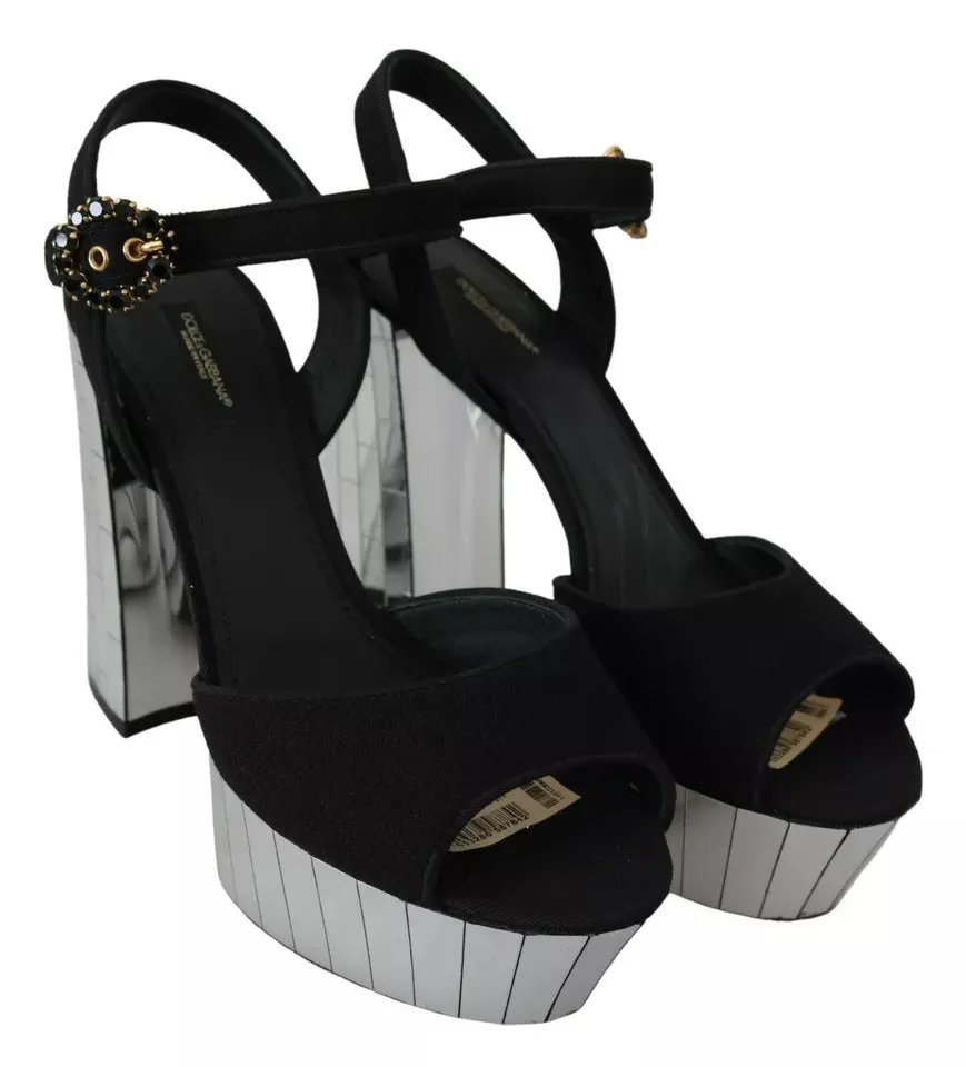 Dolce&Gabbana Women Black Sandals Wool Ankle Strap Party Wedge Heel Shoes EUR 39