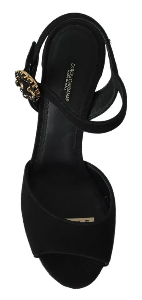 Dolce&Gabbana Women Black Sandals Wool Ankle Strap Party Wedge Heel Shoes EUR 39