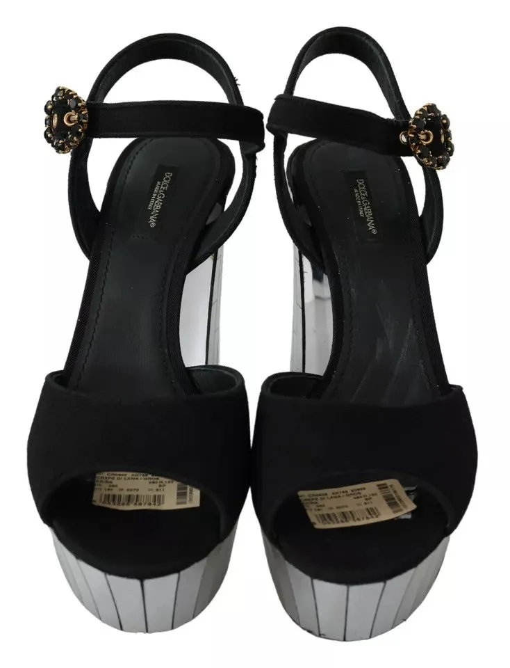 Dolce&Gabbana Women Black Sandals Wool Ankle Strap Party Wedge Heel Shoes EUR 39