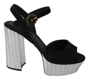 Dolce&Gabbana Women Black Sandals Wool Ankle Strap Party Wedge Heel Shoes EUR 39