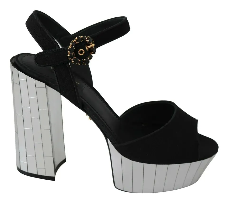 Dolce&Gabbana Women Black Sandals Wool Ankle Strap Party Wedge Heel Shoes EUR 39