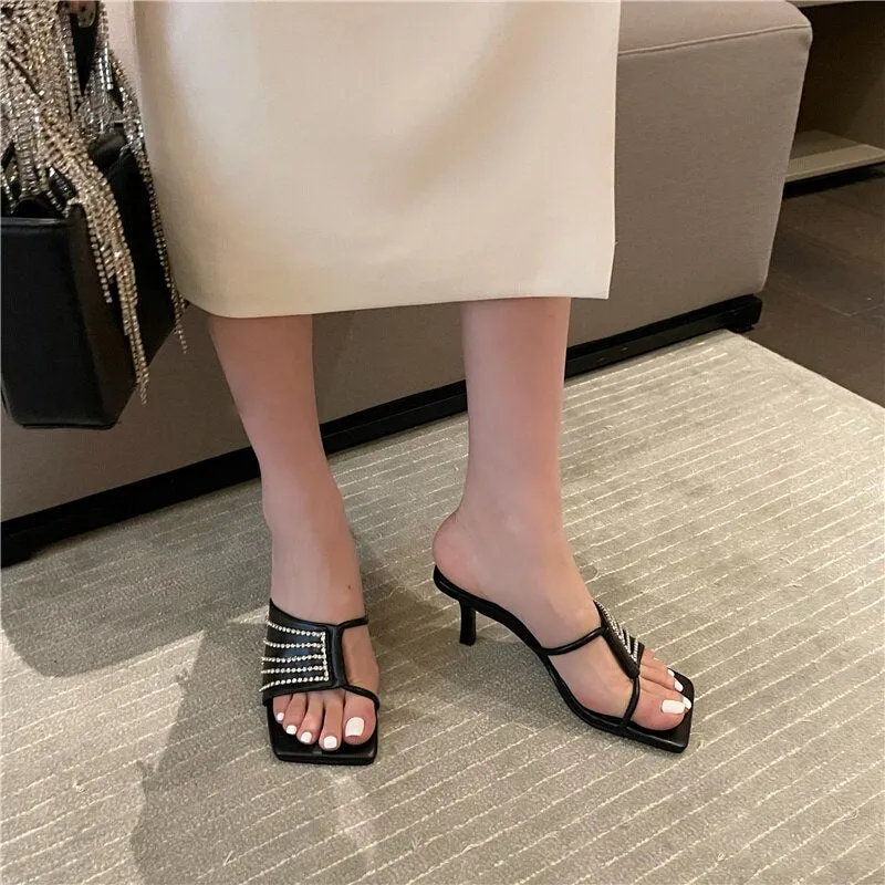 Fashion Square Toe Mid Heels Slippers