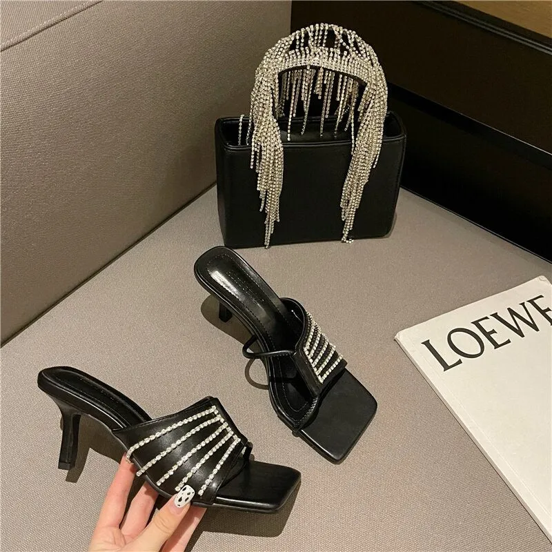 Fashion Square Toe Mid Heels Slippers