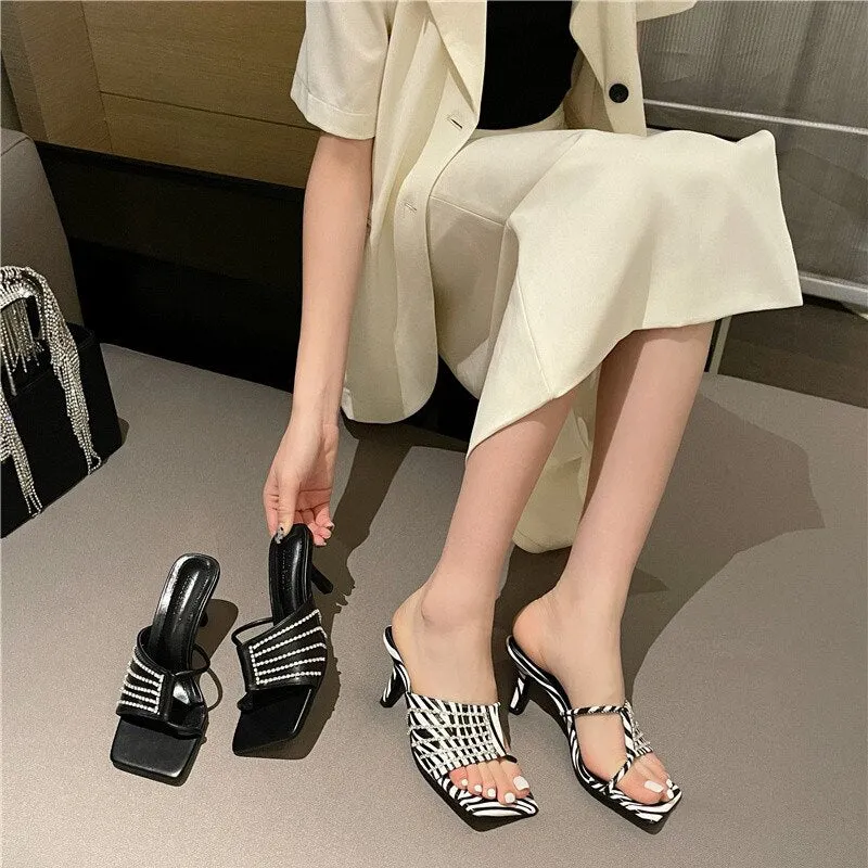 Fashion Square Toe Mid Heels Slippers