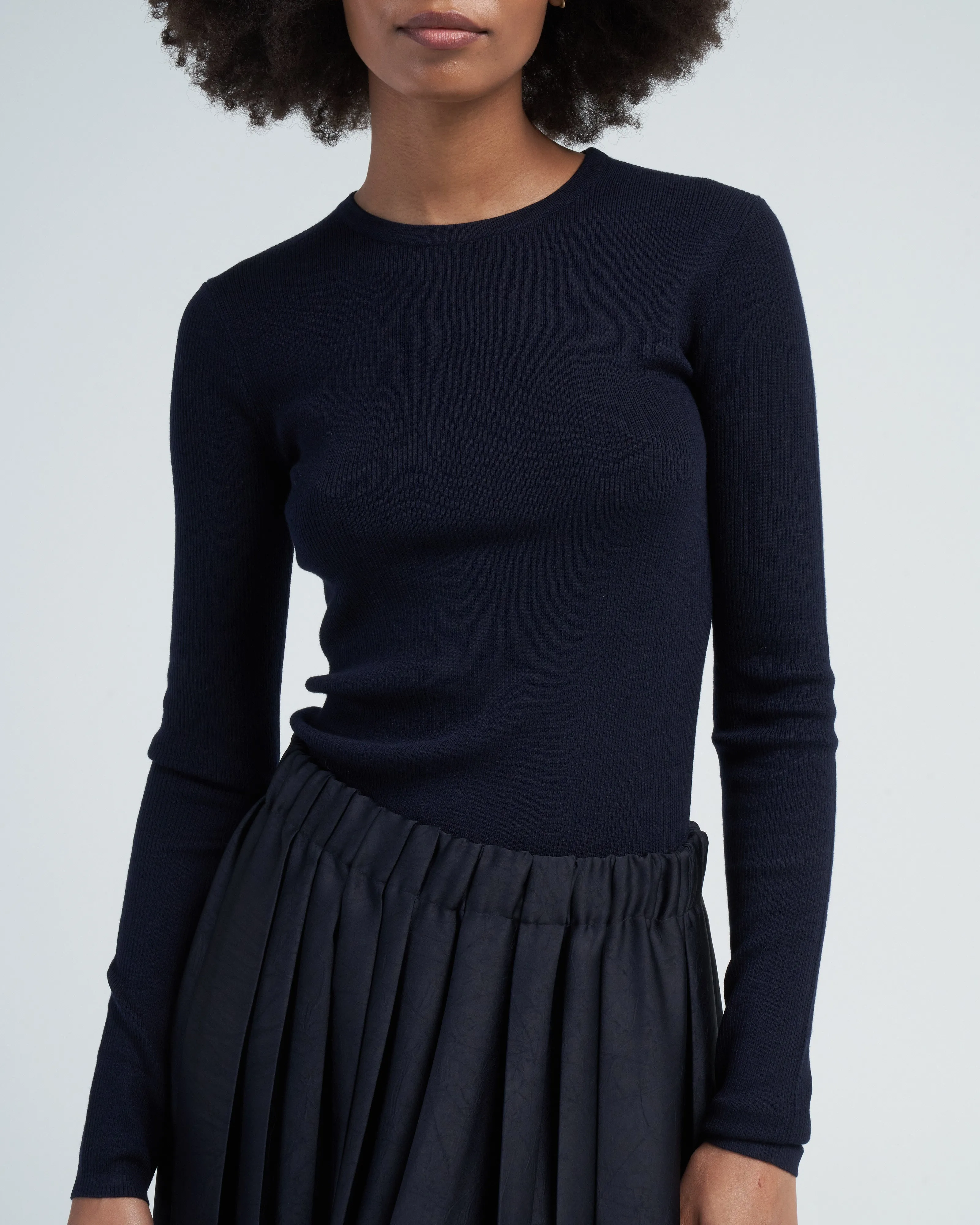 feather weight ribbed sweater crewneck pullover - navy