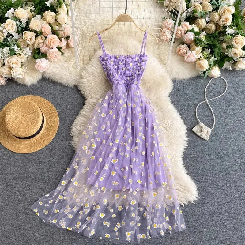 Floral Bliss Korean-Inspired Spaghetti Strap Mesh Party Dress