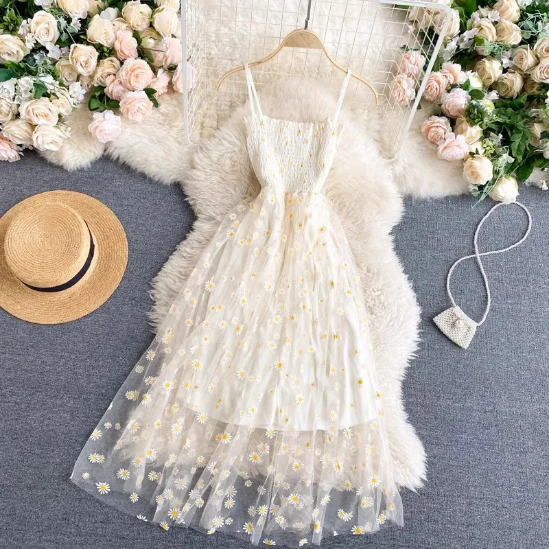 Floral Bliss Korean-Inspired Spaghetti Strap Mesh Party Dress