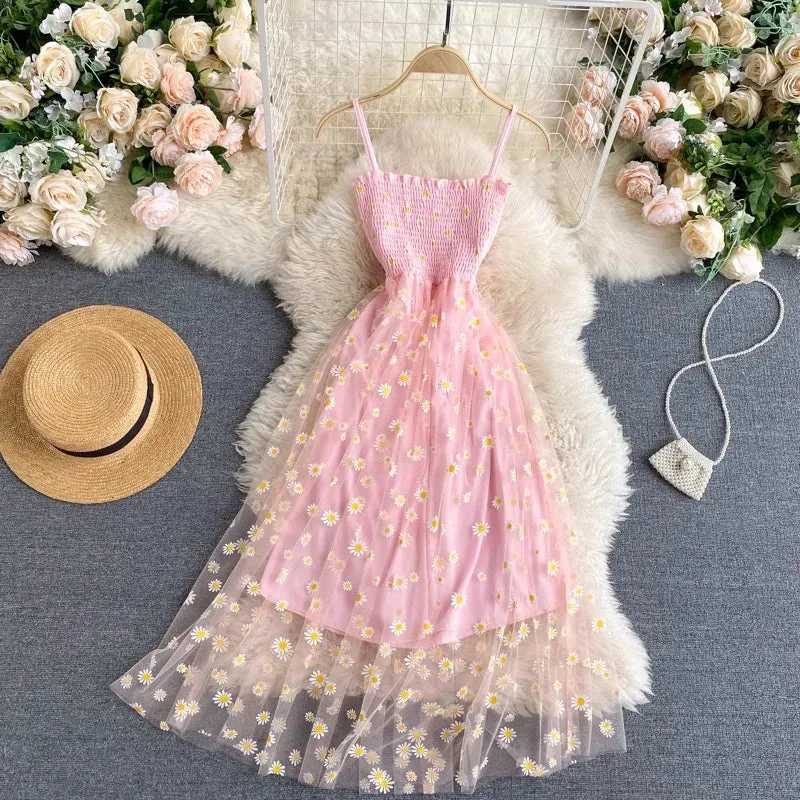 Floral Bliss Korean-Inspired Spaghetti Strap Mesh Party Dress