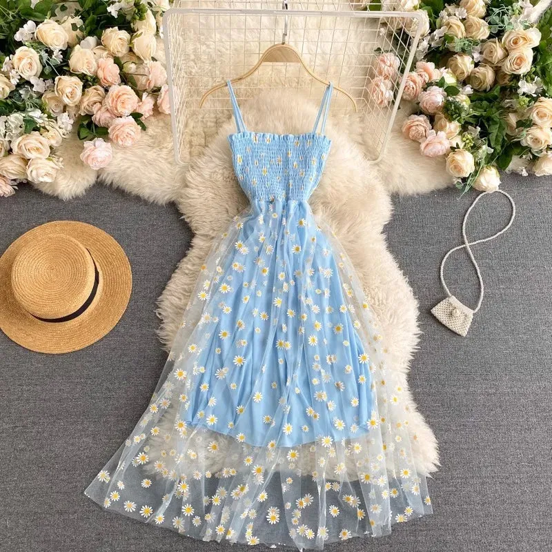 Floral Bliss Korean-Inspired Spaghetti Strap Mesh Party Dress