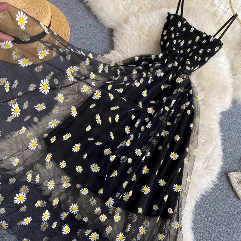 Floral Bliss Korean-Inspired Spaghetti Strap Mesh Party Dress