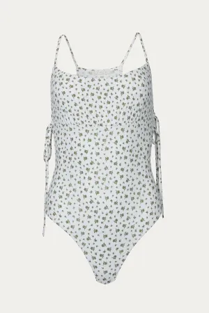 FLORAL-PRINT KEYHOLE RUCHED BODYSUIT
