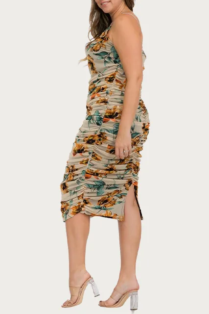 FLORAL RUCHED MESH MIDI DRESS