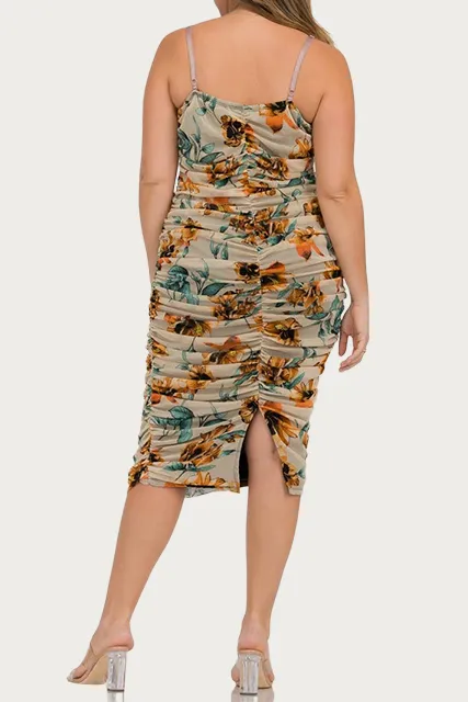 FLORAL RUCHED MESH MIDI DRESS