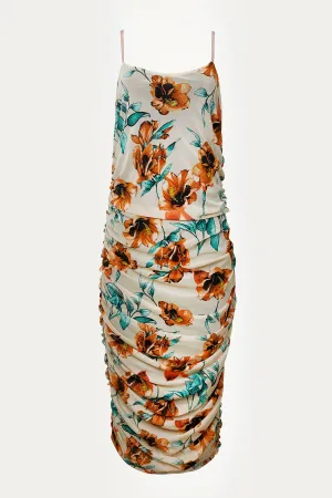 FLORAL RUCHED MESH MIDI DRESS