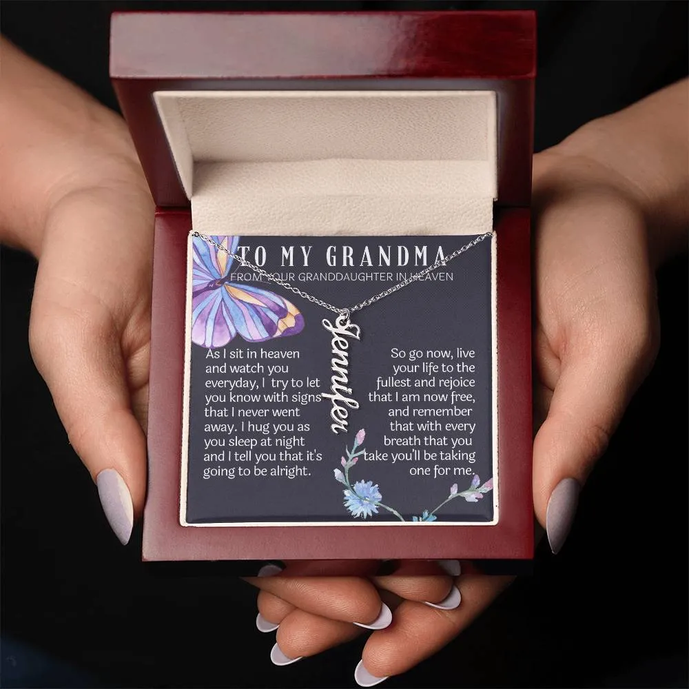 From granddaughter in heaven vertical name necklace