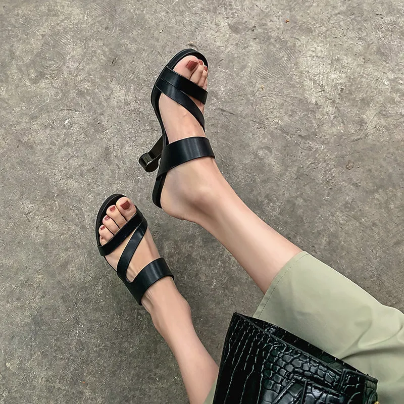 Genuine Leather Open Toe Slippers Ladies
