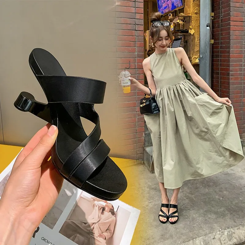 Genuine Leather Open Toe Slippers Ladies