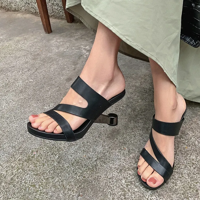 Genuine Leather Open Toe Slippers Ladies
