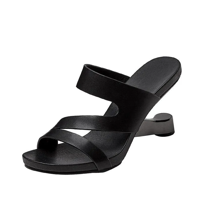 Genuine Leather Open Toe Slippers Ladies