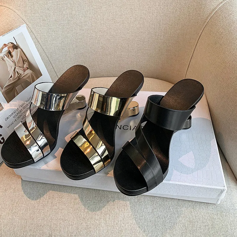 Genuine Leather Open Toe Slippers Ladies