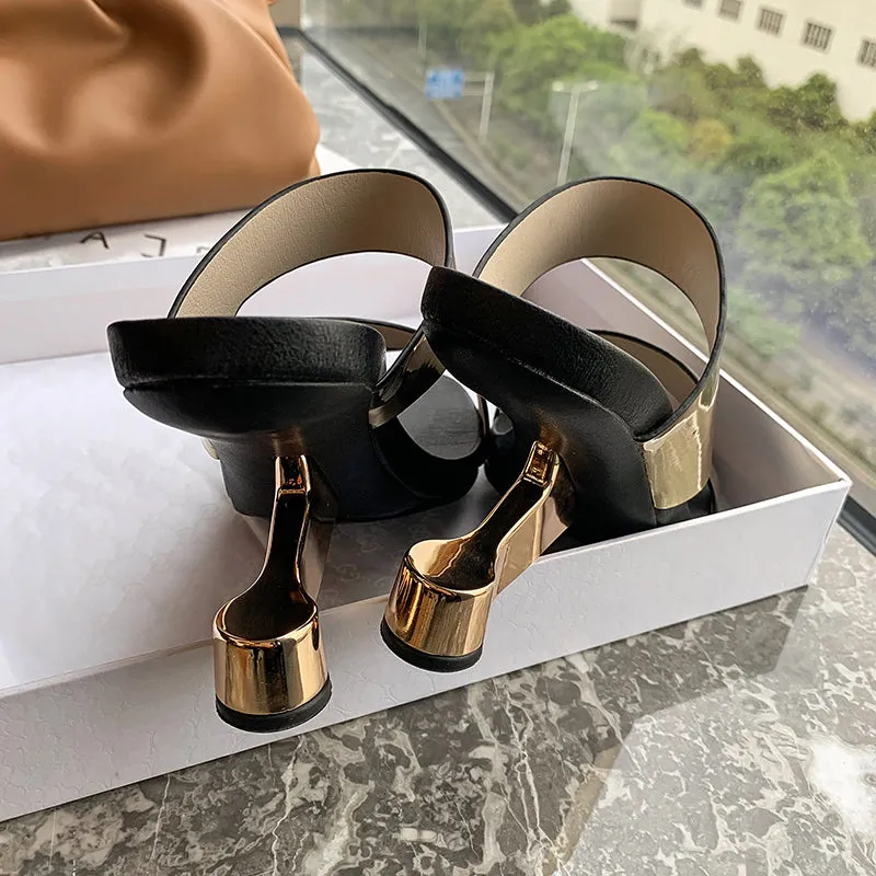 Genuine Leather Open Toe Slippers Ladies