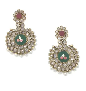 Gold Round Earrings with Red Work