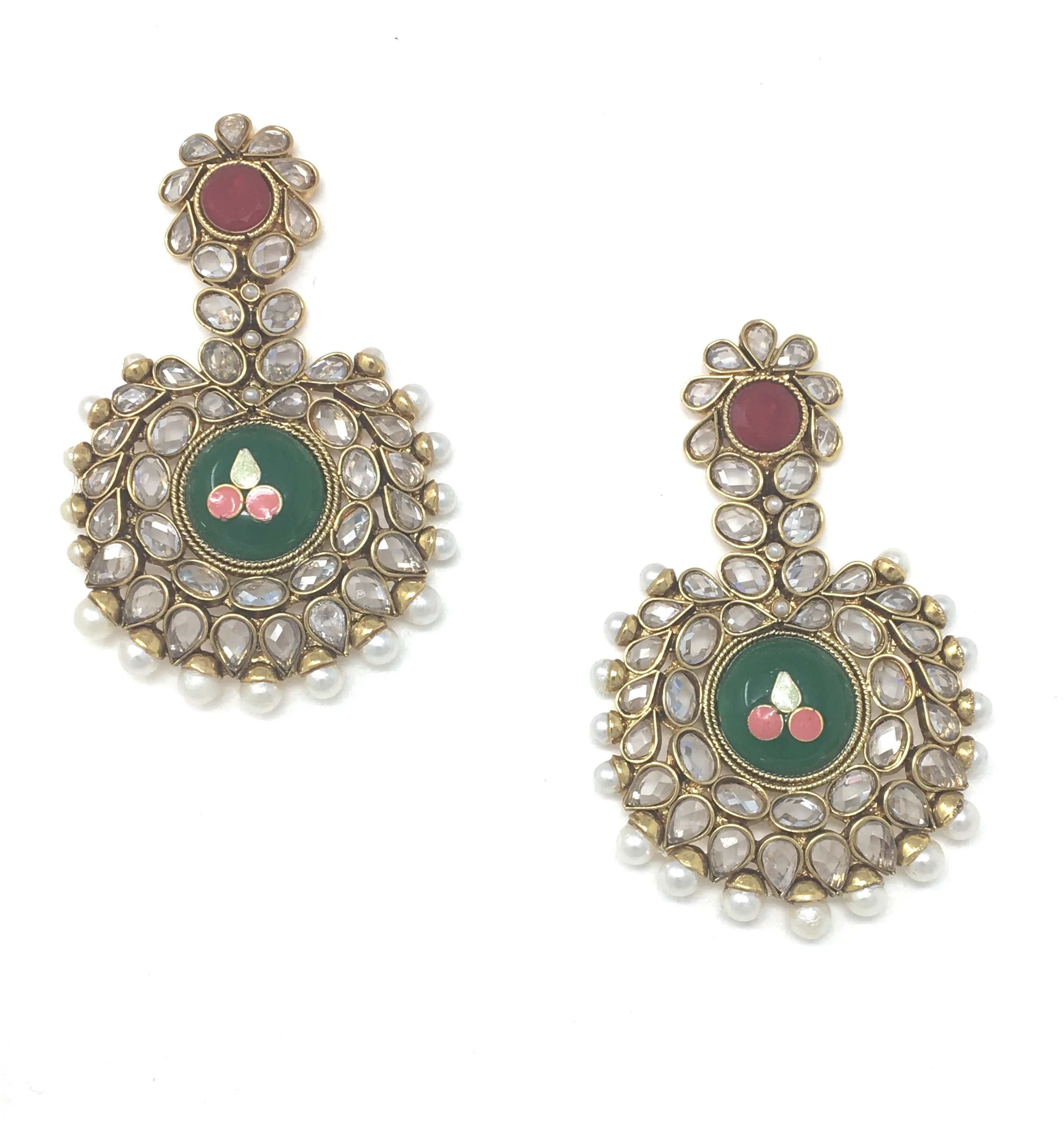 Gold Round Earrings with Red Work