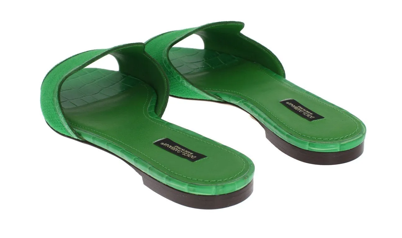 Green Wool Crocodile Flat Sandals