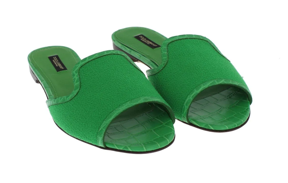 Green Wool Crocodile Flat Sandals