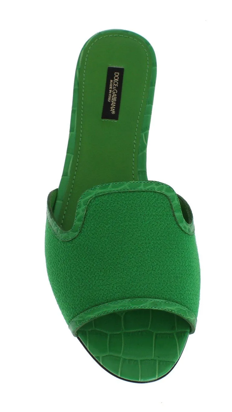 Green Wool Crocodile Flat Sandals